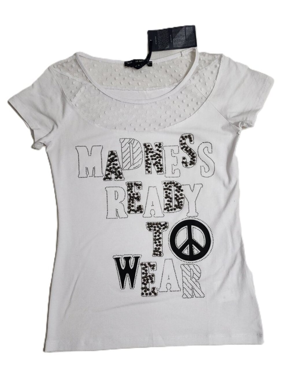 NWT Madness National Womens White W/Black & Gold Bead Lettering Detail Size M